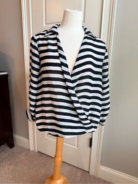 Forever 21 Black & White Striped Surplice Draped Blouse Size M